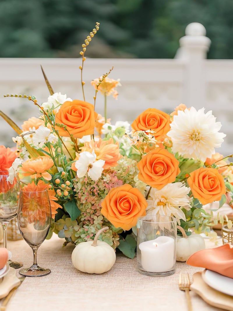 MACTING Artificial Rose Flowers 30PCS Real Touch Fake Flowers with Stem Faux Foam Roses for DIY Wedding Bouquet Table Centerpieces Party Bridal Shower Home Spring Valentines Day Decorations,Orange - Image 2